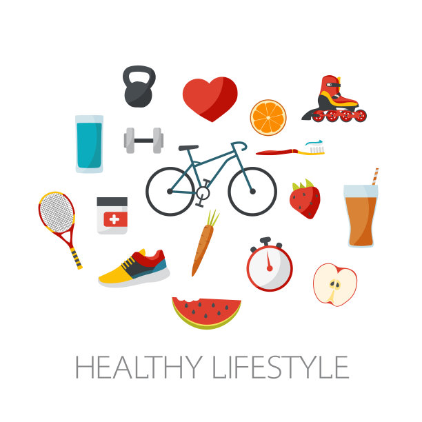 平面设计中的健康生活理念。运动和食品设计。图片下载