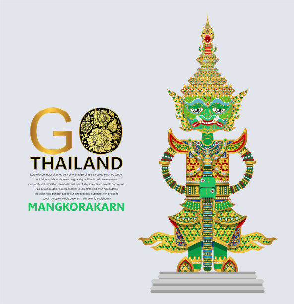 泰国巨大的罗摩衍那面具向量与黄金图案和水晶颜色。图片下载