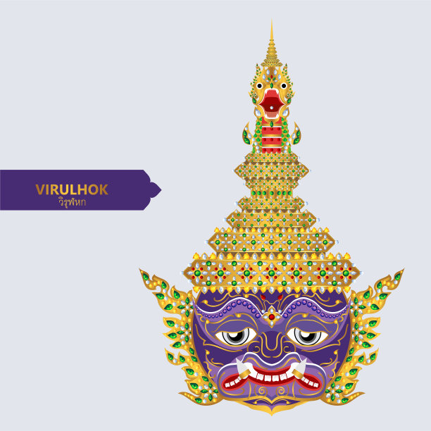泰国巨大的罗摩衍那面具向量与黄金图案和水晶颜色。图片下载