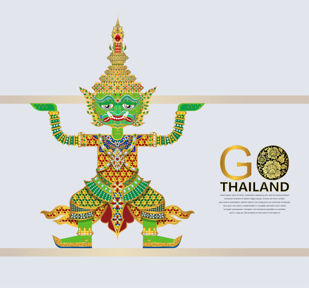 泰国巨大的罗摩衍那面具向量与黄金图案和水晶颜色。图片下载