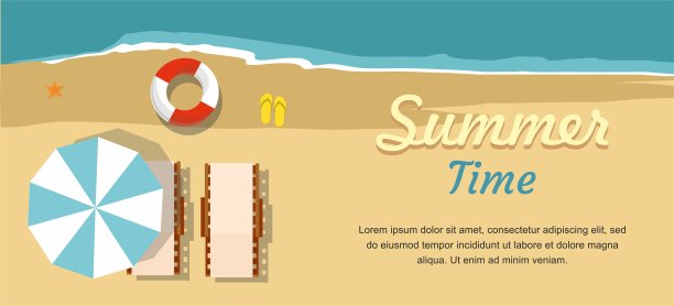 躺椅和雨伞。夏季促销网页横幅图片下载