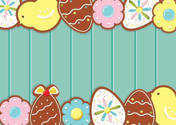 复活节背景与饼干在蓝色的木制桌子上。前视图。矢量插图在现实主义风格图片下载