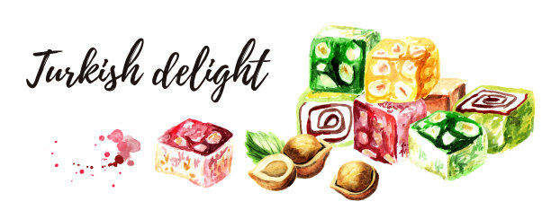 土耳其软糖。彩色的榛子拉哈特洛肯。水彩手绘插图，孤立的白色背景图片下载