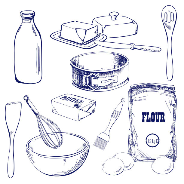 手绘的面包，糕点，甜食。面包房集矢量图图片下载