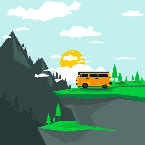 白天开车在山区露营。平的风格。图片下载