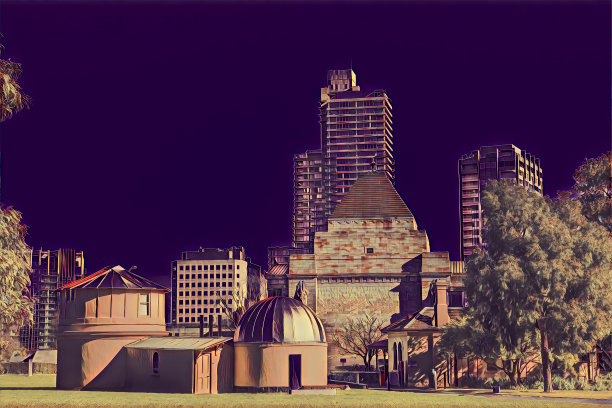 墨尔本天文台和摩天大楼的风格化插图图片下载