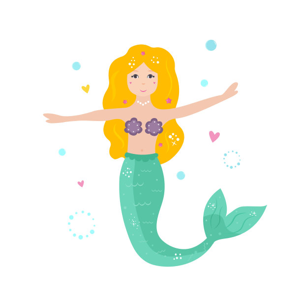 可爱的卡通美人鱼与黄色的头发。图片下载