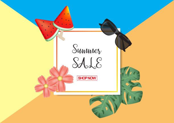 夏日销售背景模板设计，搭配太阳镜、西瓜、怪兽树叶、花朵。矢量插图EPS10。图片下载