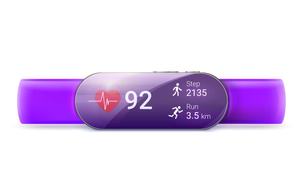 活动跟踪孤立在白色背景，3D插图。戴在手腕上的现代移动设备。运行一个带有时钟和距离跟踪功能的健身应用程序。智能手表概念素材图片