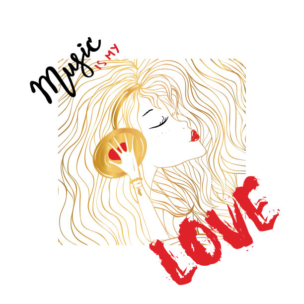 戴着耳机的漂亮女孩。图片下载