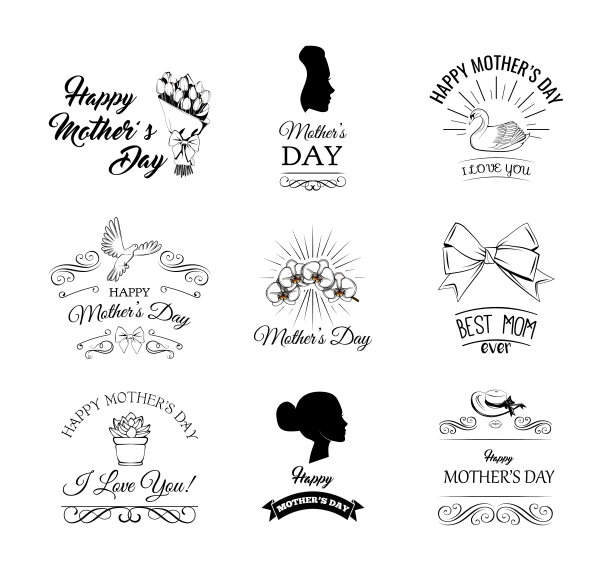 母亲的一天。花朵，漩涡，女人的剪影，蝴蝶结。母亲的一天。向量。图片下载