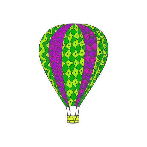 孤立的彩色轮廓手绘绿色和紫色气球在白色的背景。曲线线条的点缀。图片下载