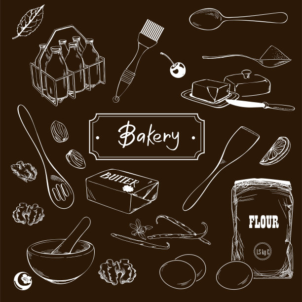 手绘的面包，糕点，甜食。面包房集矢量图图片下载