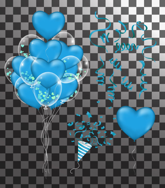 五彩纸屑和红丝带。插图一束生日透明蓝心气球孤立。婚宴装饰，周年纪念，庆典，活动设计。图片下载