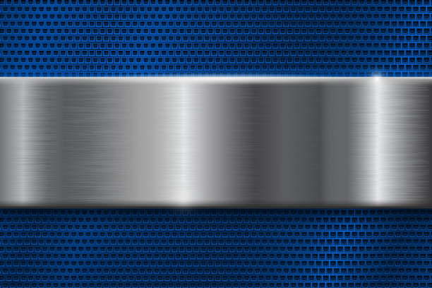 蓝色金属穿孔背景与方孔。配红色不锈钢板图片下载