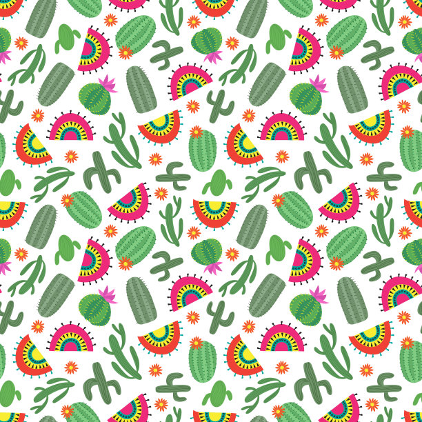 明亮的墨西哥风格无缝图案与仙人掌花图片下载