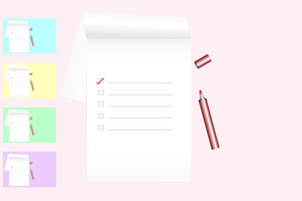 用红色记号笔在笔记本上做清单，彩色背景-平铺风格;顶部视图与复制空间。图片下载