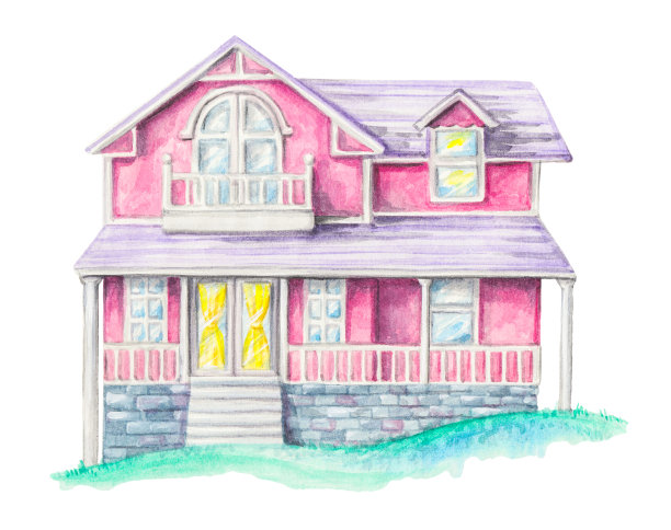 绿色草坪上的水彩画的粉红色房子图片下载