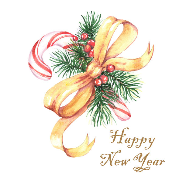 手绘水彩画的甜圣诞糖果与弓和圣诞树图片下载
