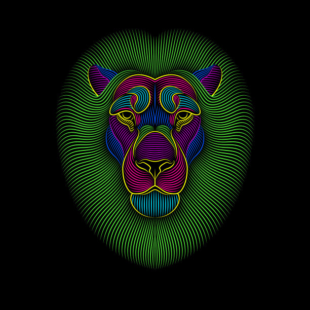 在黑色背景上雕刻程式化的迷幻狮子。图片下载