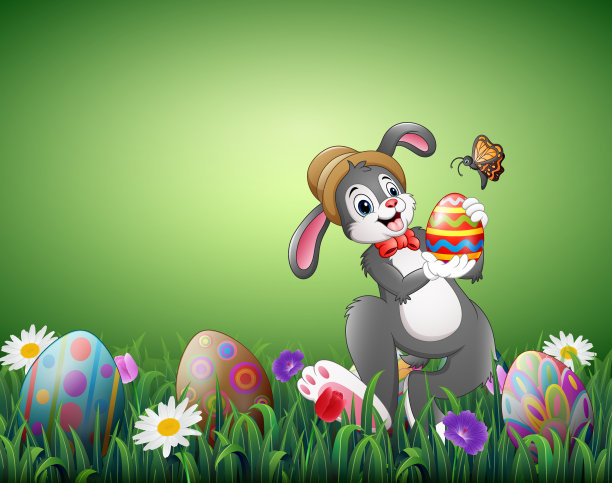 快乐的复活节兔子拿着复活节彩蛋在田野里素材图片