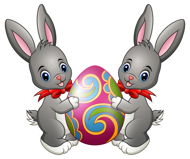 两只可爱的兔子在白色的背景上抱着复活节彩蛋图片下载