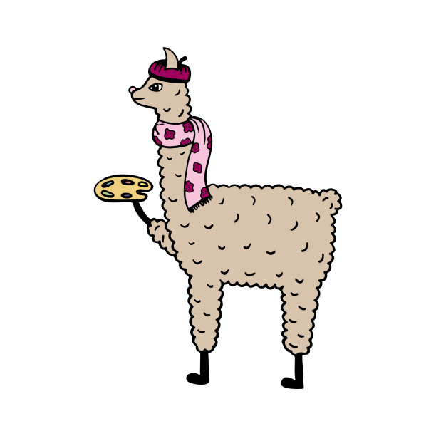 可爱的手绘插图的喇嘛艺术家与调色板。图片下载