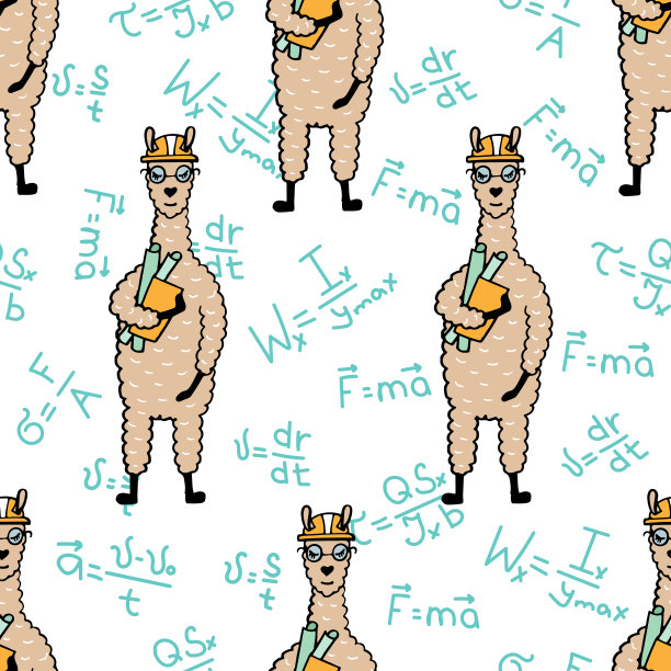 可爱的手绘无缝图案是一个喇嘛工程师在施工头盔和图纸。图片下载