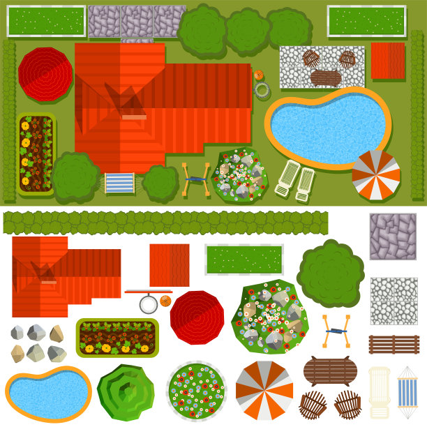 房子向量家园建筑或财产建筑外部与绿色花园草坪和游泳池插图设置住宅屋顶屋顶和花园孤立在白色背景图片下载