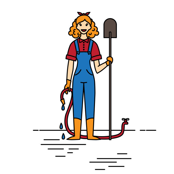 轮廓快乐的园丁妇女与铲子和喷壶在一个白色的背景。农民性格的女孩。农业和园艺图片下载