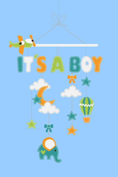 这是一个用线吊着星星、飞机、大象、气球的小男孩装饰品图片下载