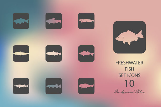 淡水鱼类。一组平面图标在模糊的背景图片下载