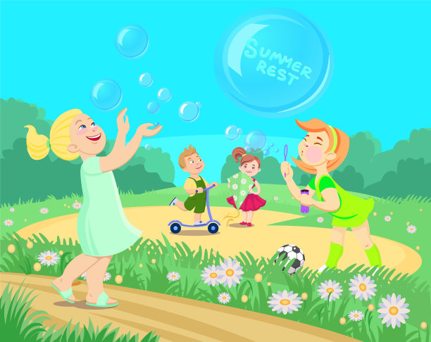 卡通儿童在街上玩耍图片下载