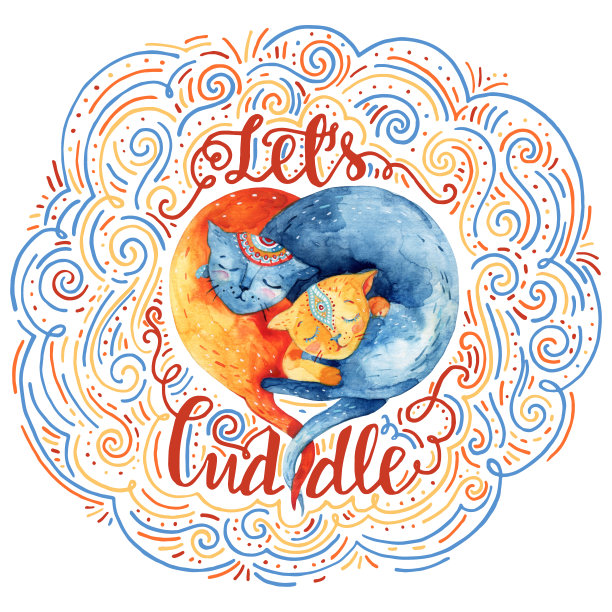 一对可爱的水彩画猫被涂鸦波浪，点，dash在黑暗的背景。图片下载