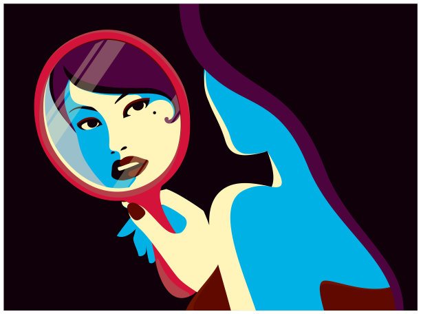 女人在镜子里看着自己时尚简约的平面设计矢量插图图片下载