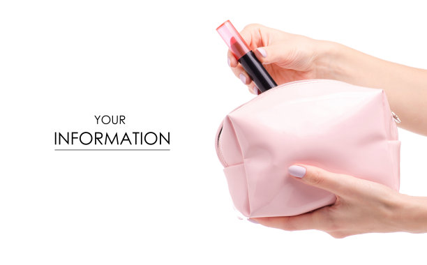 粉红色打开化妆包在女性的手中与口红图案图片下载