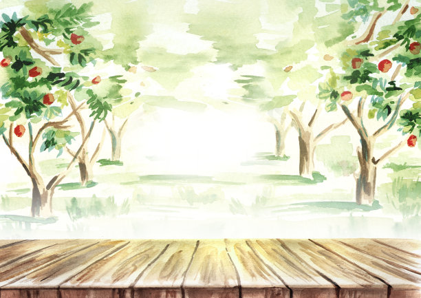 餐桌上的果园景观。手绘水彩模板和背景素材图片