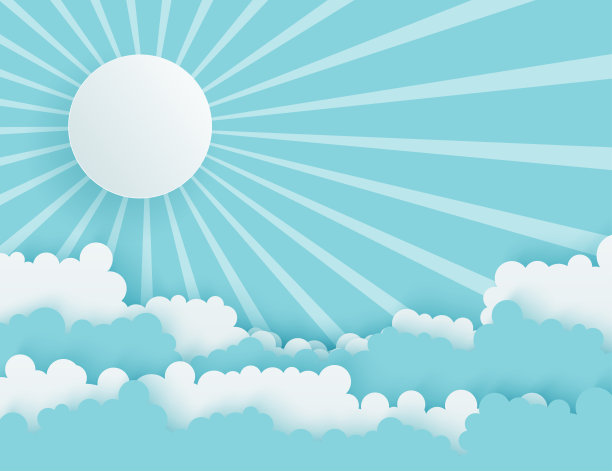 现代纸艺术的云朵和阳光与光线。可爱的卡通天空和柔和的颜色蓬松的云彩。多云的天气。折纸风格图片下载