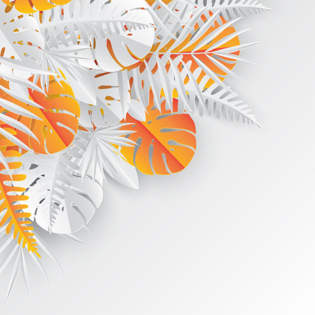 热带纸棕榈，巨叶框架。夏季热带叶。折纸异国情调的夏威夷丛林，夏日背景。剪纸的风格。白色的颜色图片下载