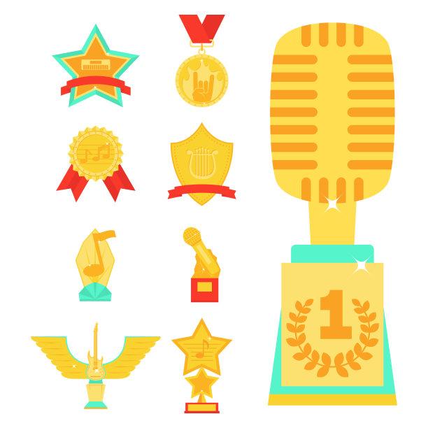 音乐矢量奖杯话筒和音符娱乐获奖者顶尖艺术家成就音符奖插图图片下载