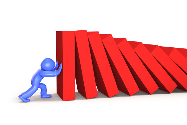 3d人推动和停止多米诺骨牌下降，3d插图图片下载