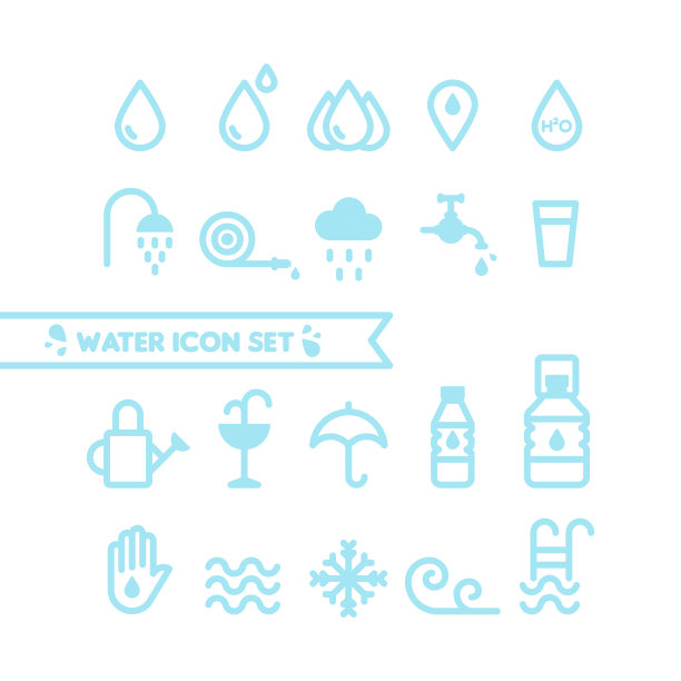 设置:水和水滴图标。圆的线条样式。最小轮廓符号。矢量插图，平面设计图片下载