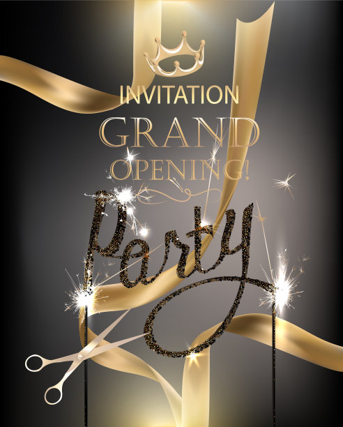 盛大的开幕派对横幅，典雅美丽的丝带和闪闪发光的字母。矢量图图片下载