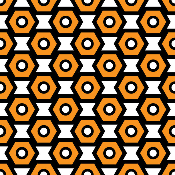 黑色，橙色和白色无缝抽象机械细胞复古纹理图片下载
