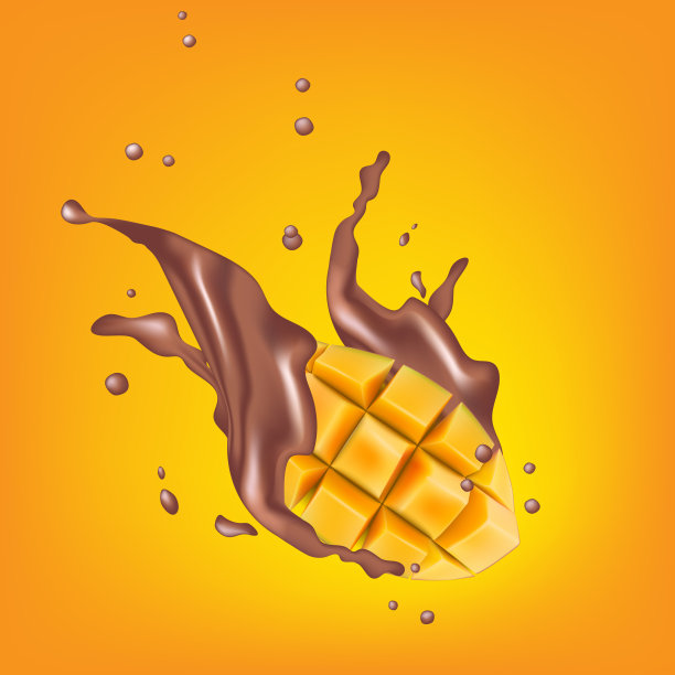鲜榨芒果、糖果、酸奶、牛奶巧克力、咖啡、可可。3d现实成熟的芒果块与可可飞溅在黄色的背景图片下载