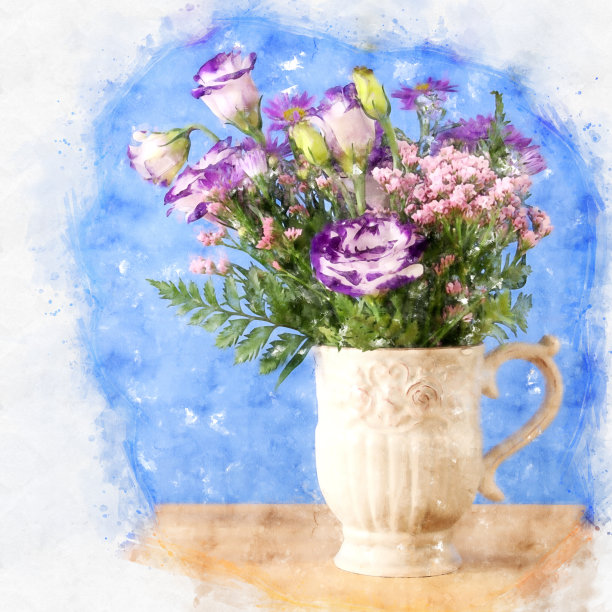 花瓶里紫色花朵的水彩画风格插图。图片下载