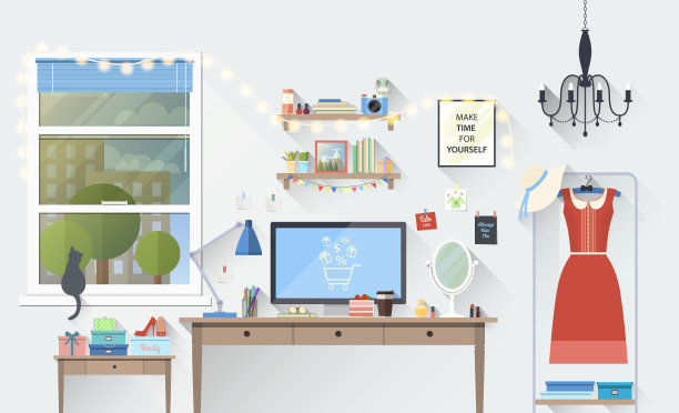 现代女孩工作场所的平面简约风格图片下载