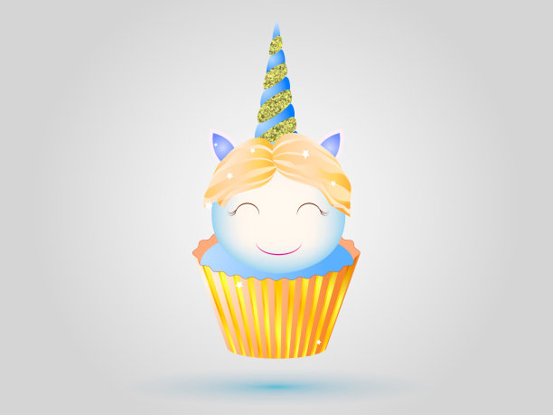 蓝奶油蛋糕和金角独角兽。矢量图图片下载