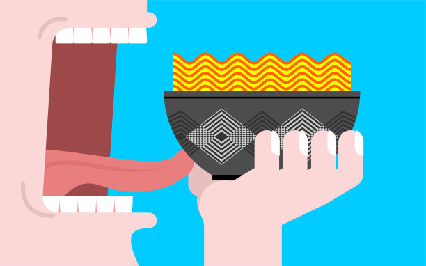 吃拉面。张开嘴。牙齿和舌头。中国传统面条。饥饿图片下载