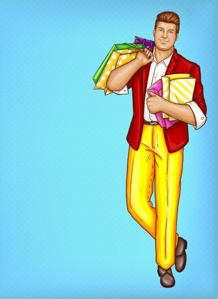 带着购物袋的矢量波普艺术胖男人图片下载